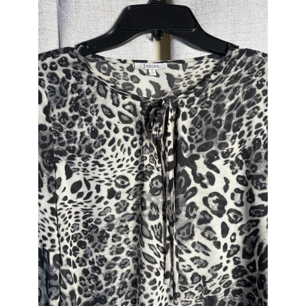 Jodifl Leopard Print Ruffle Sleeve Blouse Black White Tie Neck Small